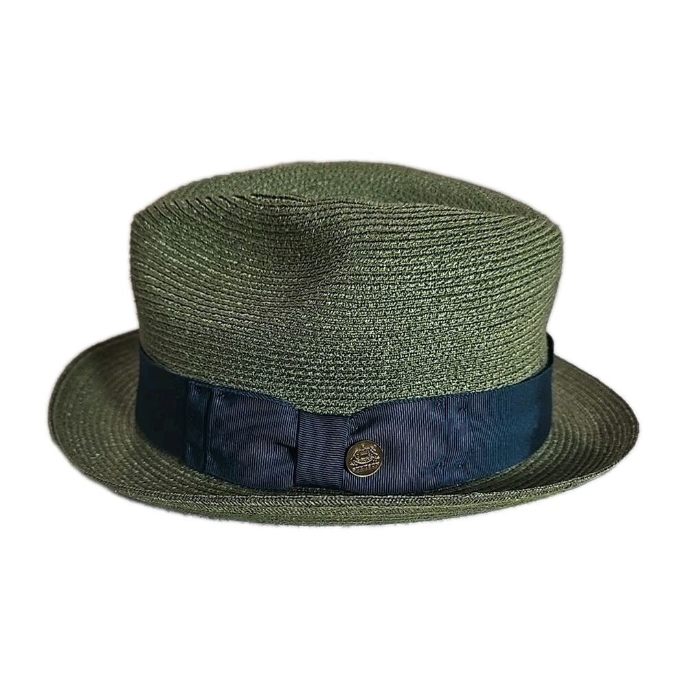 STETSON Stratoliner Sage Green Woven Hemp Straw Fedora Hat L Blue Band USAMade